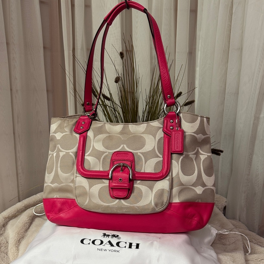 Coach Campbell Signature Khaki and Pomegranate Twill Carryall